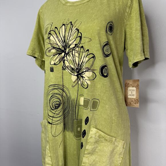 Jess & Jane Green Abstract Floral Cotton Dress Pockets Size Small USA Boho Artsy - Picture 2 of 9